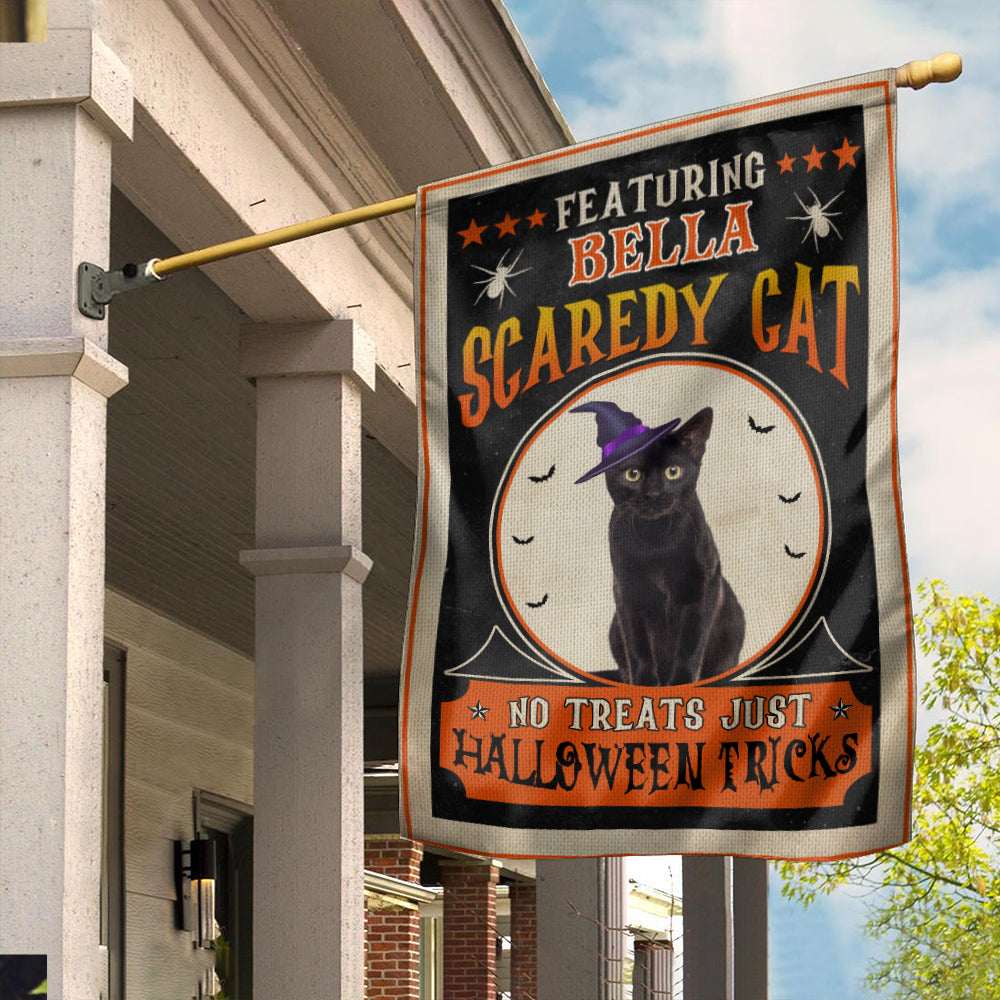 Scaredy Black Cat No Treats Just Tricks - Personalized Cat Photo And Name Flag - Gift For Pet Lovers, Halloween Gift