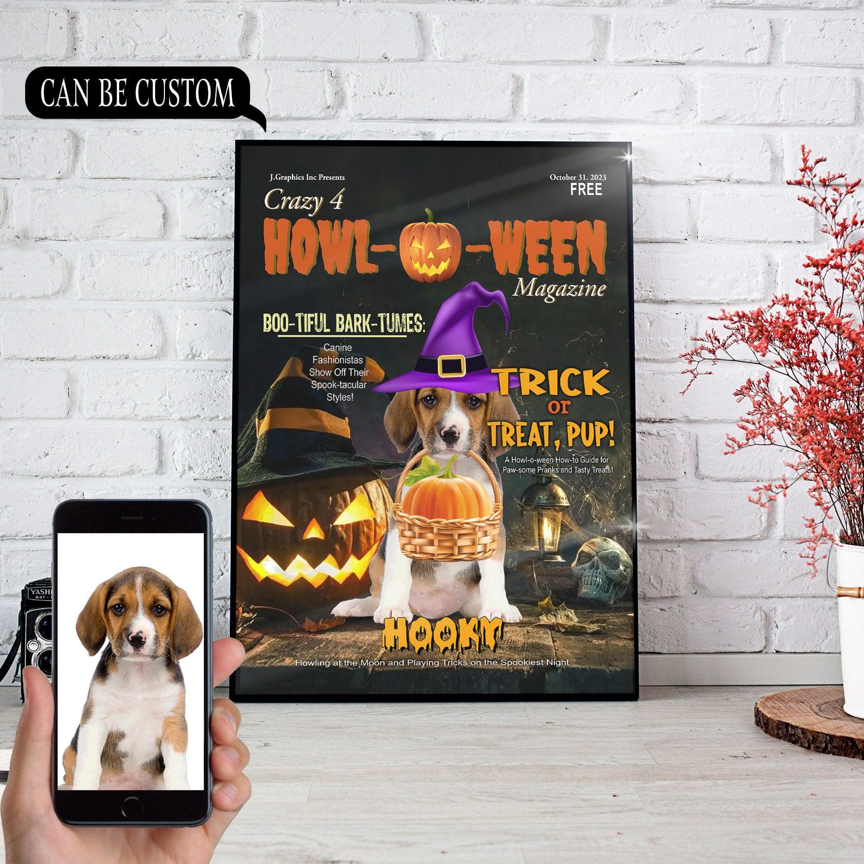 USA MADE Personalized Pet Portrait - Gift For Dog Lovers - Halloween magazine - Personalized Pet Poster Canvas Print - Digital Download Pet Portrait, Pet Wallart, Pet Memorial Plaque