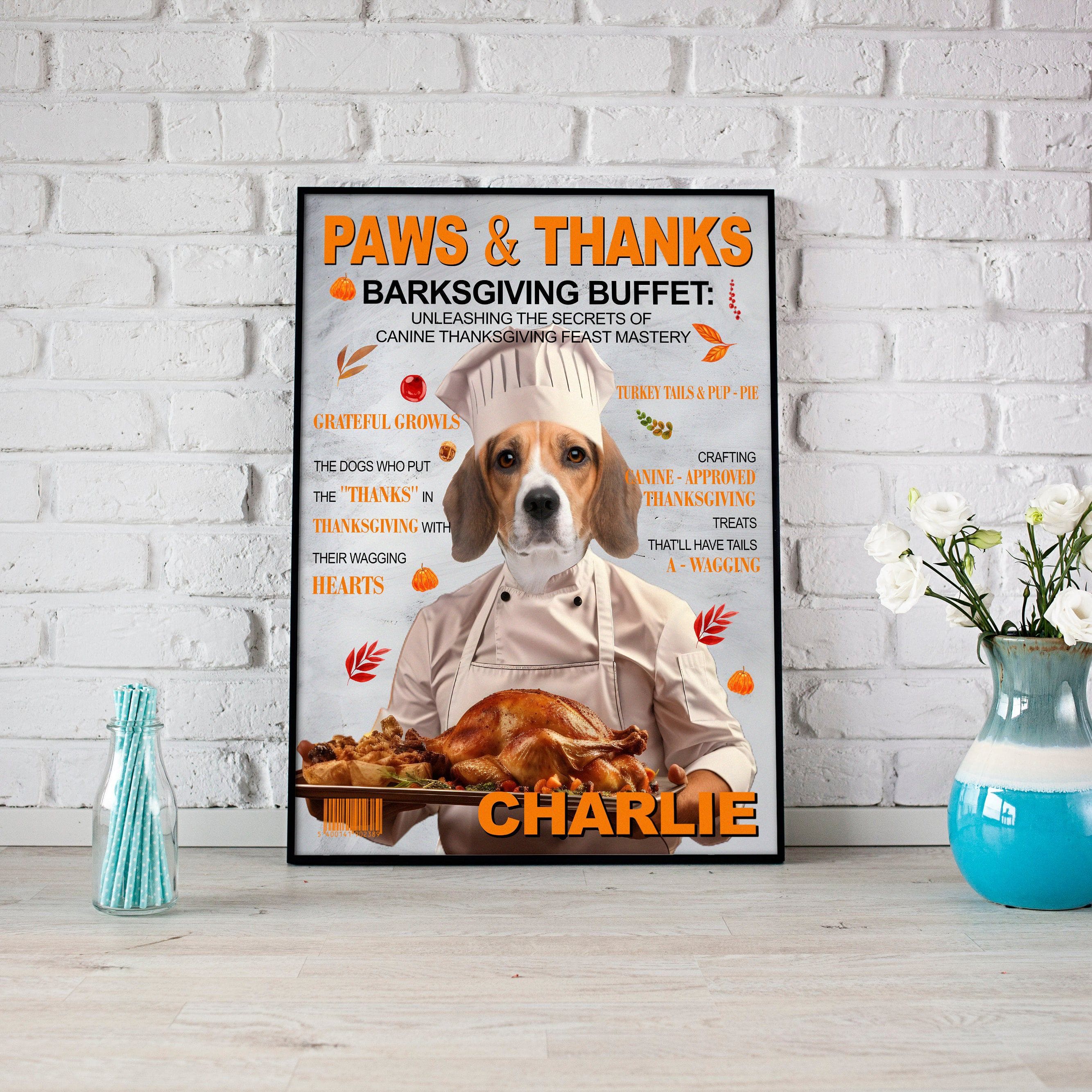 USA MADE Personalized Pet Portrait - Gift For Dog Lovers - Thanksgiving Dog Chef - Personalized Pet Poster Canvas Print - Digital Download Pet Portrait, Pet Wallart, Pet Memorial Plaque