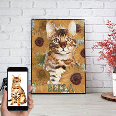 USA MADE Cat Sunflower Painting Personalized Pet Poster Canvas Print | Personalized Dog Cat Prints | Magazine Covers | Custom Pet Portrait from Photo | Personalized Gifts for Cat Mom or Dad, Pet Memorial Gift