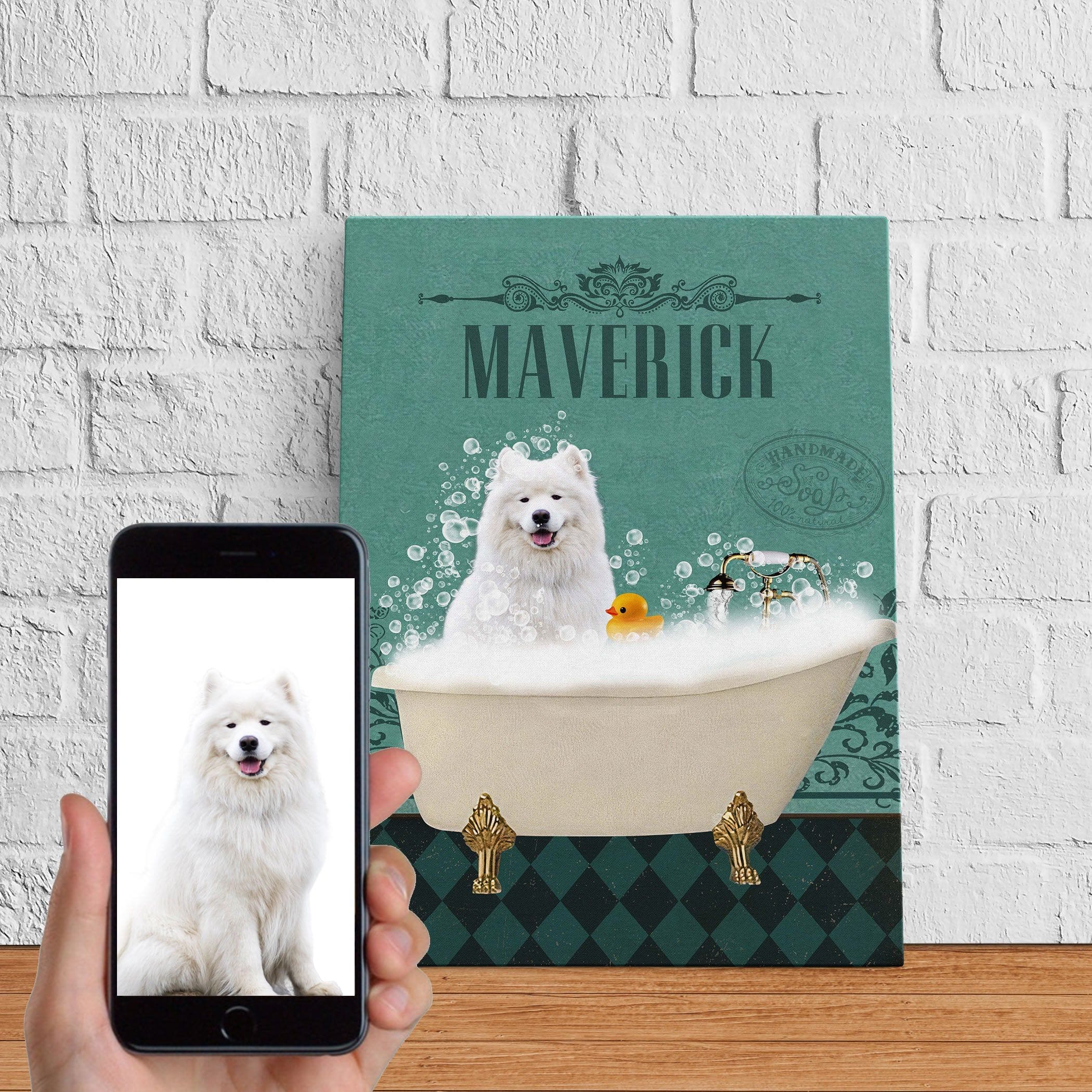 USA MADE Dog In Bathtub Personalized Pet Poster Canvas Print | Personalized Dog Cat Prints | Magazine Covers | Custom Pet Portrait from Photo | Personalized Gifts for Dog Mom or Dad, Pet Memorial Gift