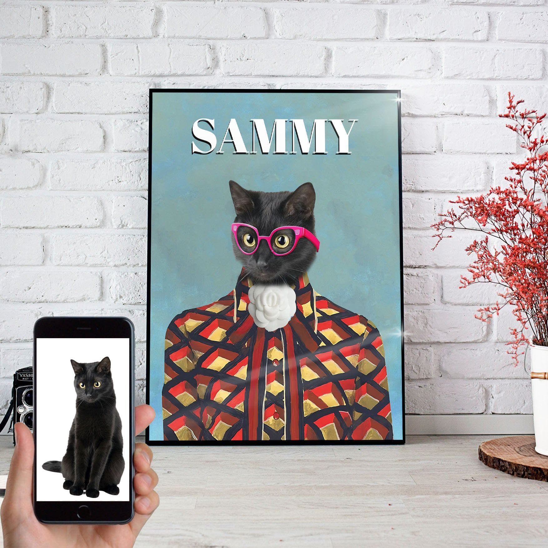 USA MADE Luxury Cat Wearing Glasses Personalized Pet Poster Canvas Print | Personalized Dog Cat Prints | Magazine Covers | Custom Pet Portrait from Photo | Personalized Gifts for Cat Mom or Dad, Pet Memorial Gift