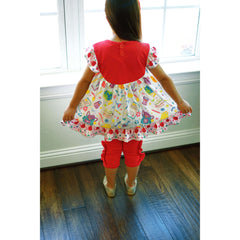 Angeline Kids:Toddler Little Girls Back To School Ruffles Tunic Capri Outfit Set Red/Damask