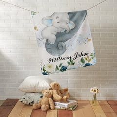 Blue Floral Elephant With Mom Name Baby Blanket, Baby Blanket with Name for Girls and boys, Best Gift for Baby