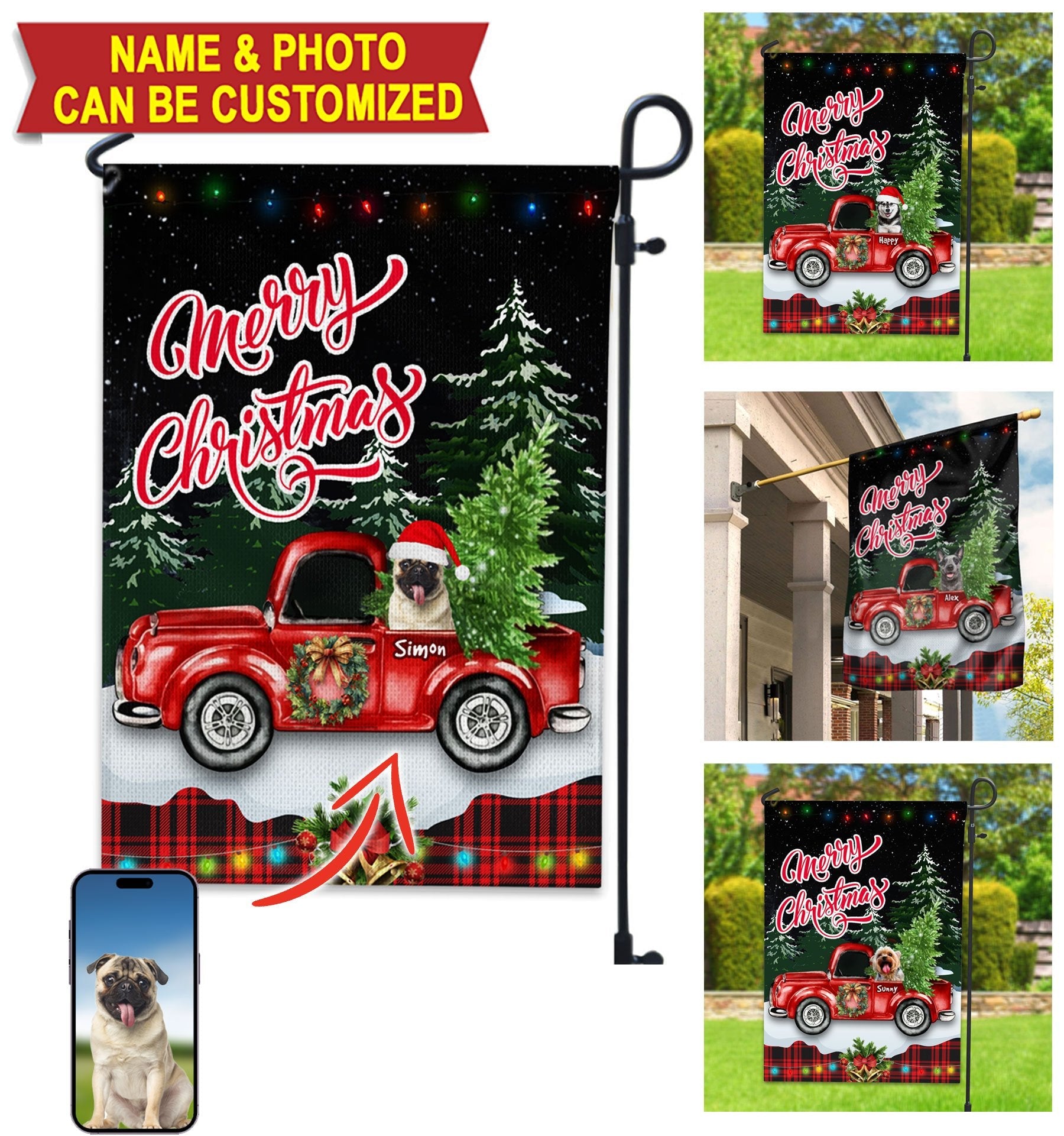 USA MADE  Merry Christmas Pet On Car With Xmas Tree | Personalized Pet Photo And Name Flag | Christmas Gift, Gift For Pet Lovers| Custom Pet Photo Flag Christmas Home Decor Gift